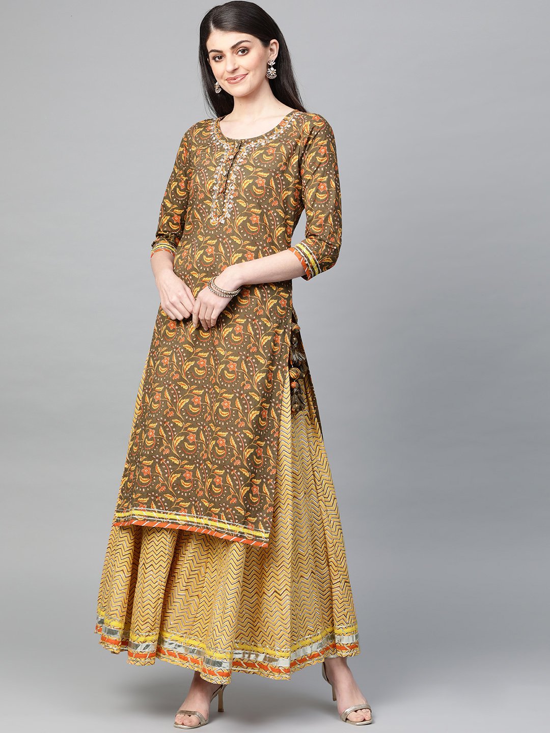 Ishin Women's Cotton Yellow Printed Gota Patti A-Line Kurta Sharara Set