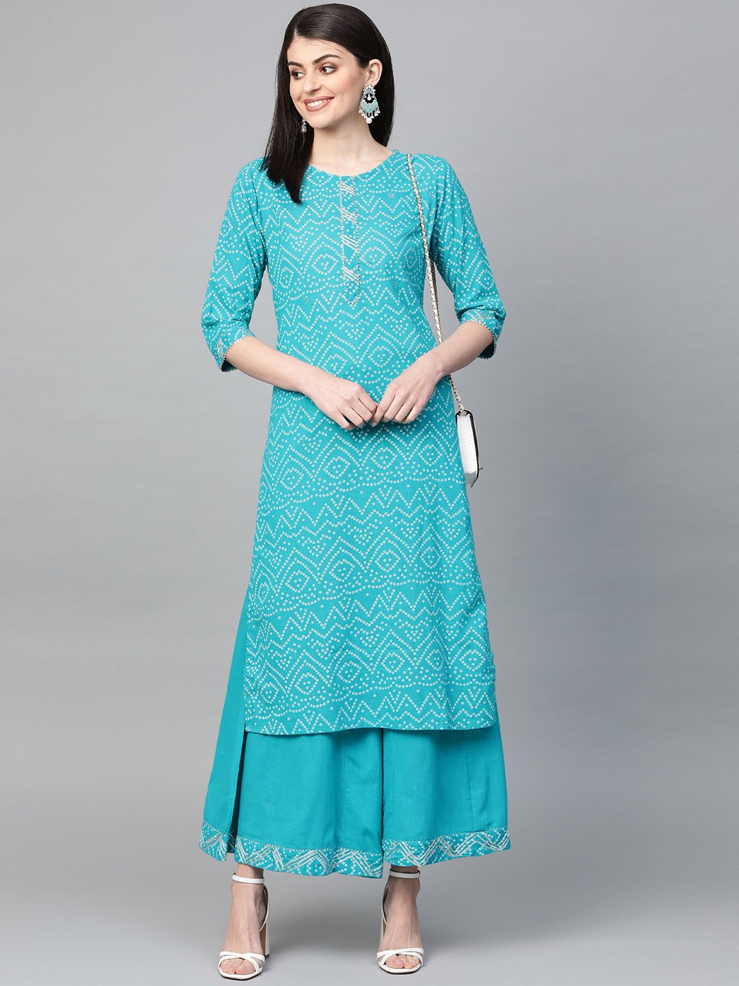 Ishin Women's Cotton Blue Bandhani Print A-Line Kurta Palazzo Set