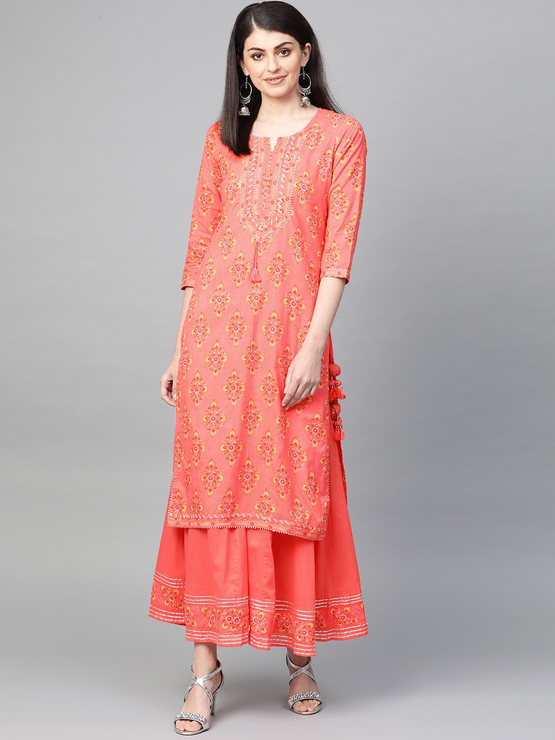 Ishin Women's Cotton Peach Printed Gota Patti A-Line Kurta Palazzo Set