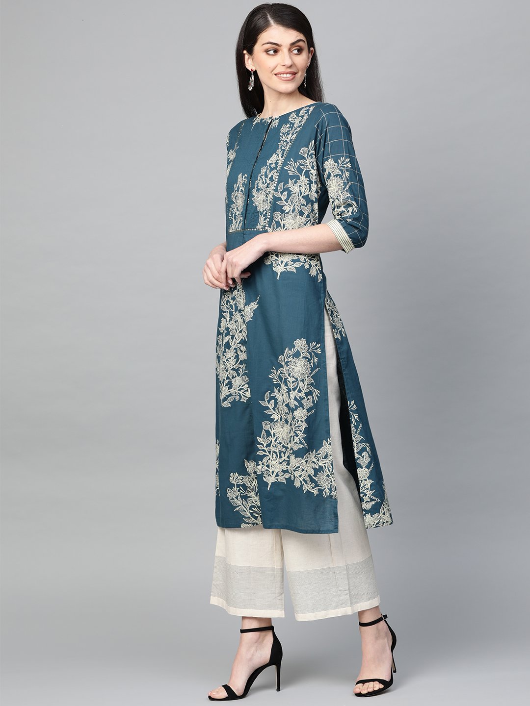 Ishin Women's Cotton Turquoise Blue Printed A-Line Kurta