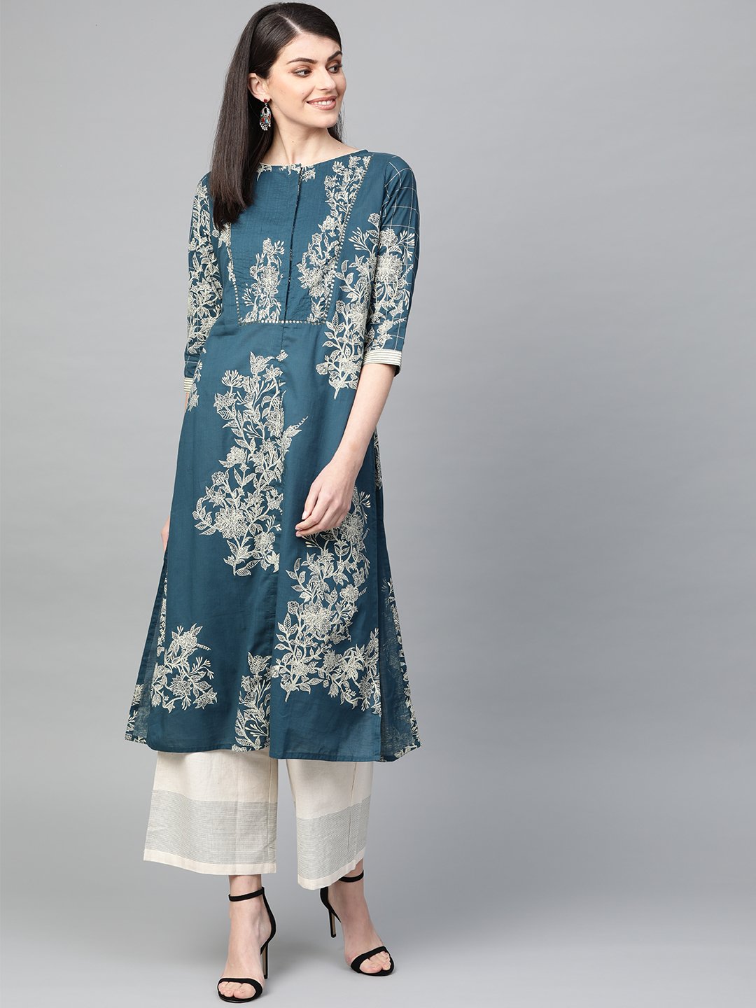 Ishin Women's Cotton Turquoise Blue Printed A-Line Kurta