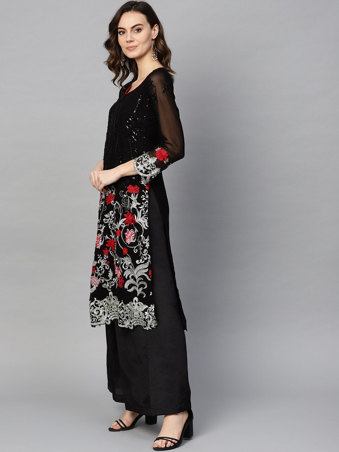 Ishin Women's Poly Georgette Black Embroidered A-Line Kurta Palazzo Dupatta Set