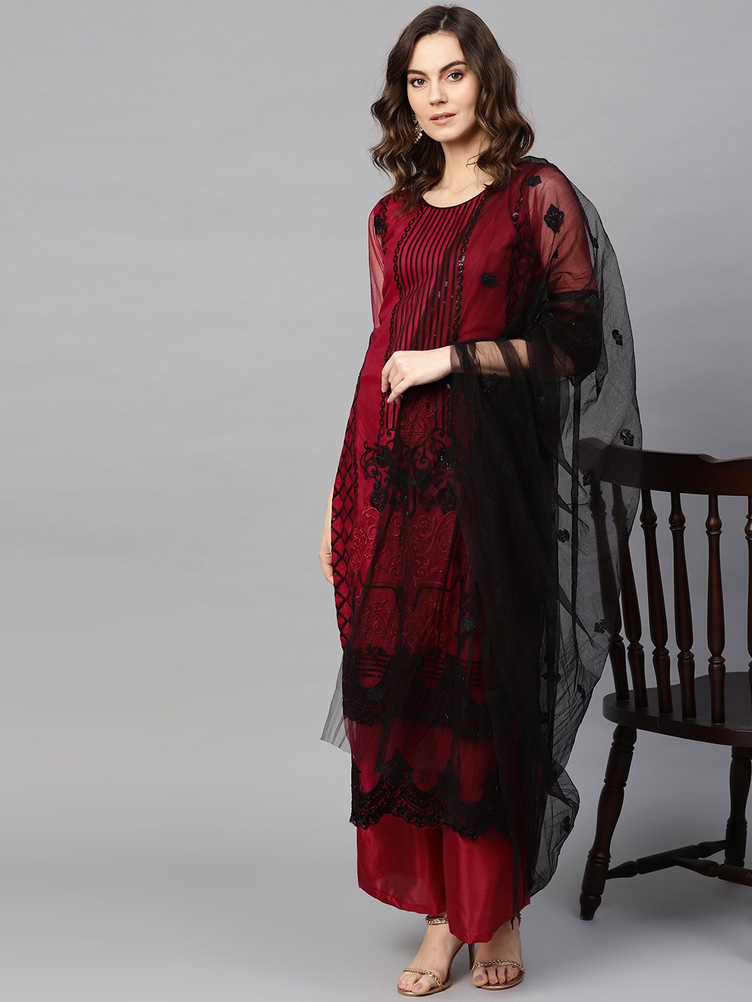 Ishin Women's Net Burgundy Embroidered A-Line Kurta Palazzo Dupatta Set