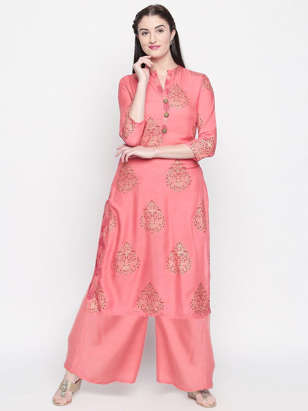 Ishin Women's Rayon Pink Printed A-Line Kurta