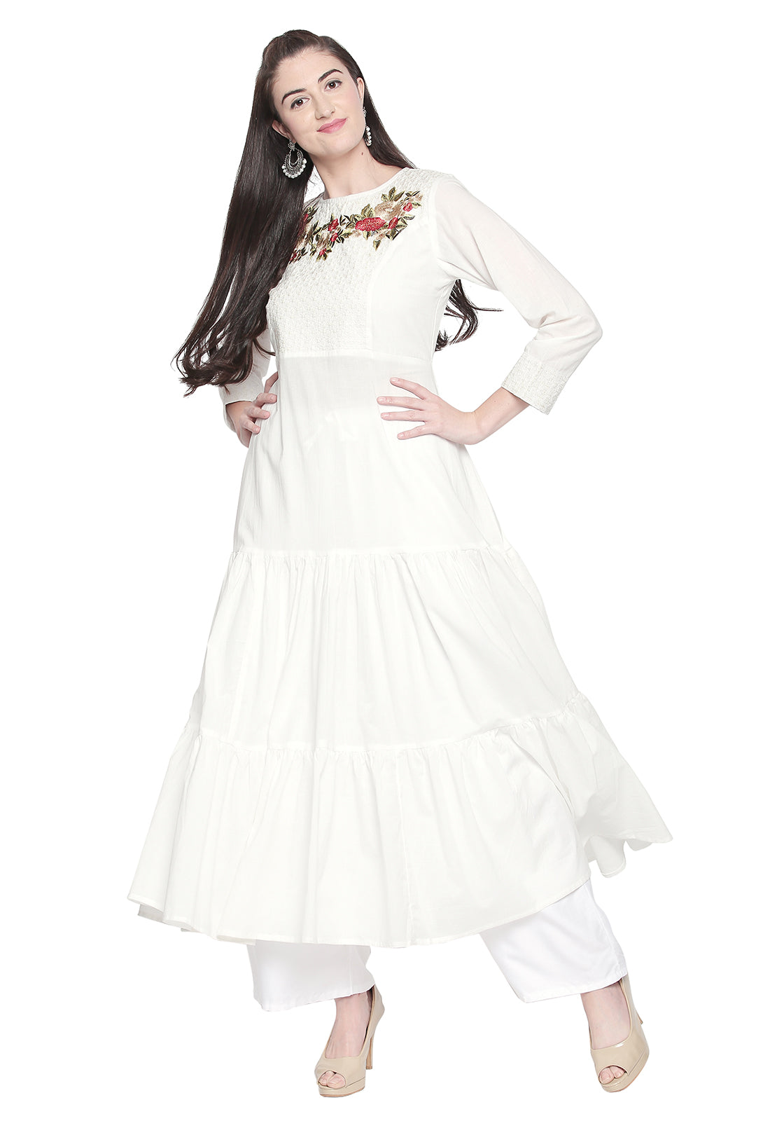 Ishin Women's Cotton White Embroidered Anarkali Kurta Palazzo Set