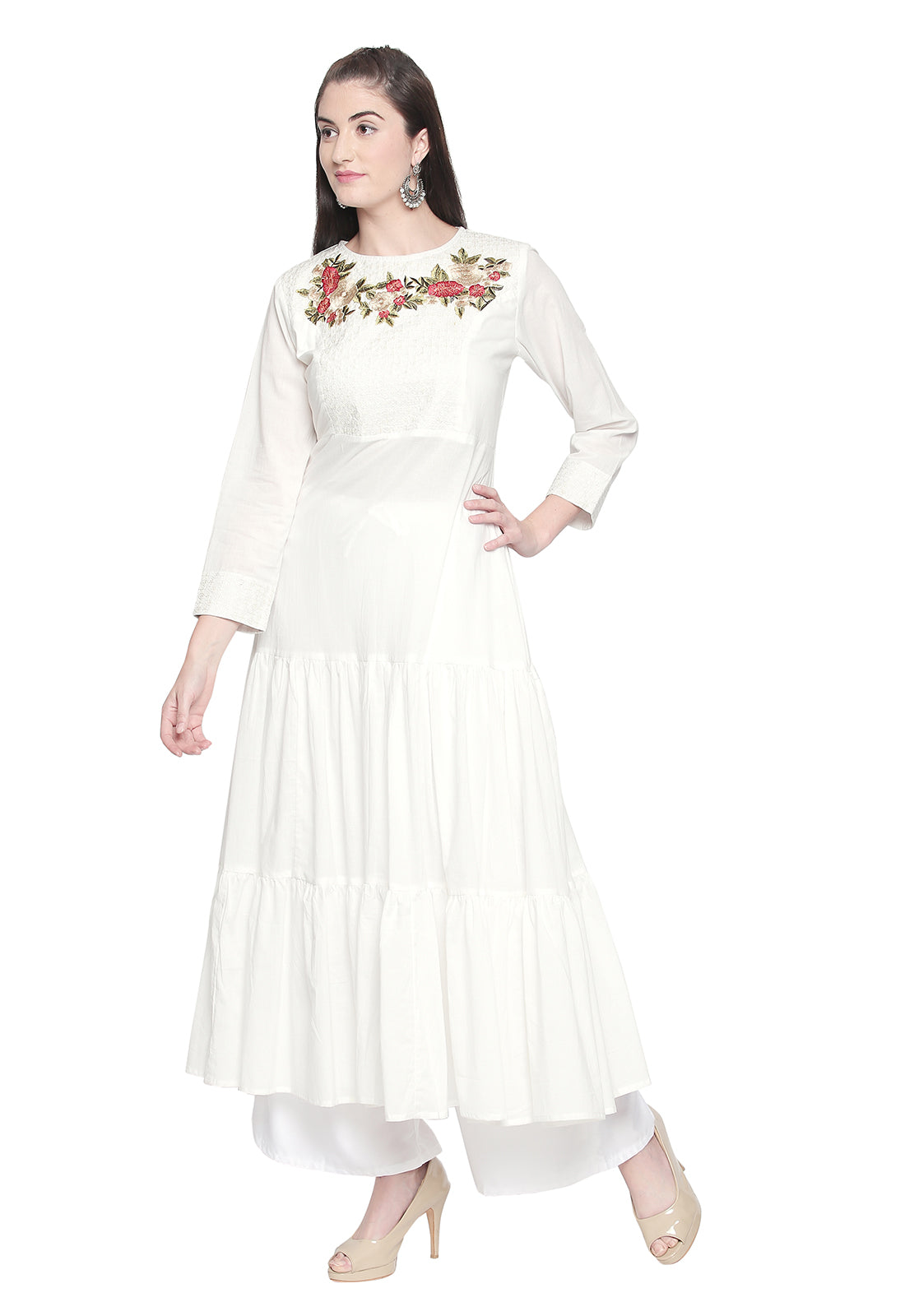 Ishin Women's Cotton White Embroidered Anarkali Kurta Palazzo Set