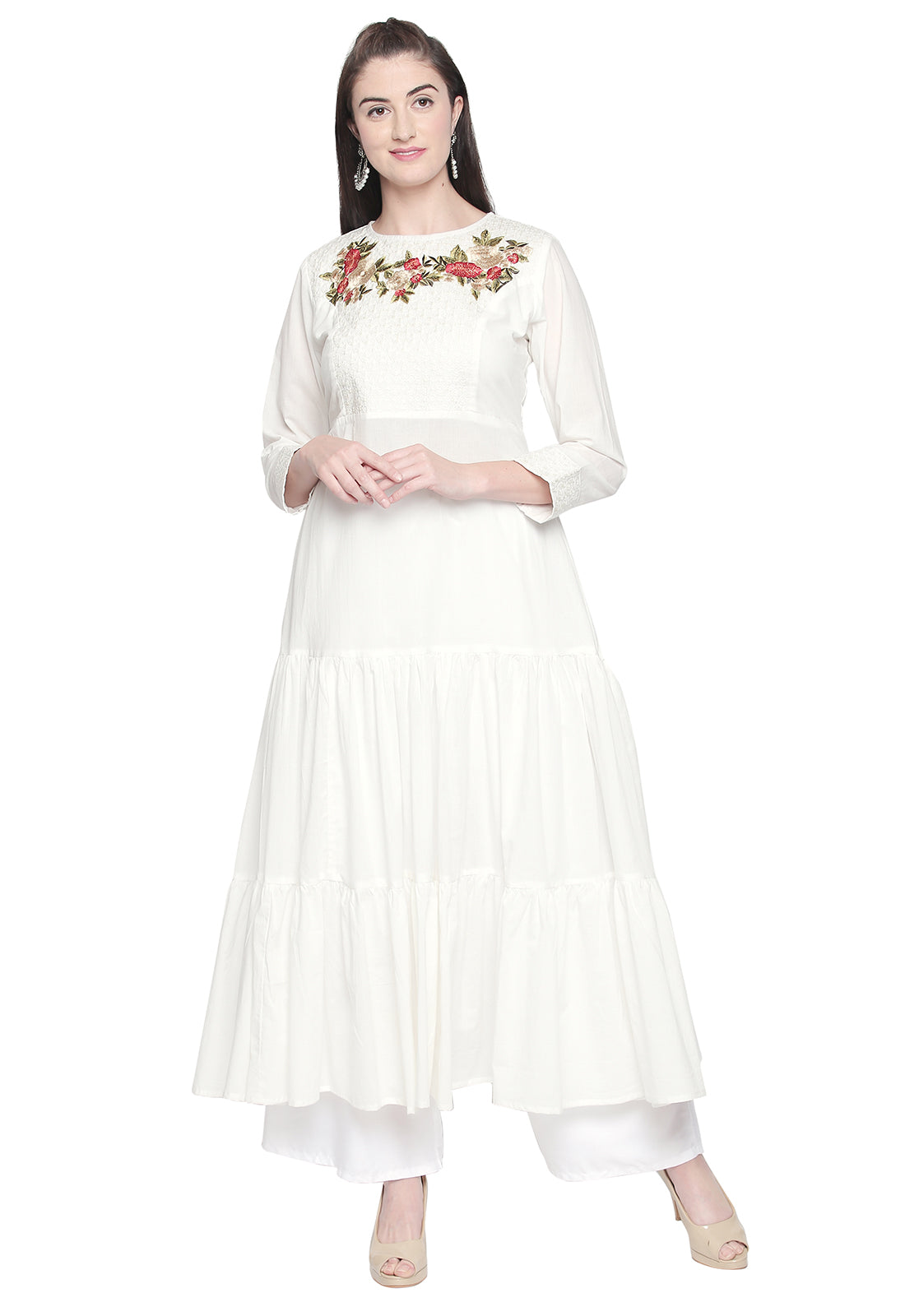 Ishin Women's Cotton White Embroidered Anarkali Kurta Palazzo Set