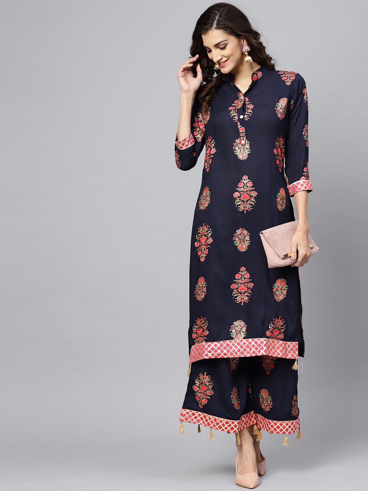 Ishin Women's Rayon Navy Blue Printed A-Line Kurta Palazzo Set