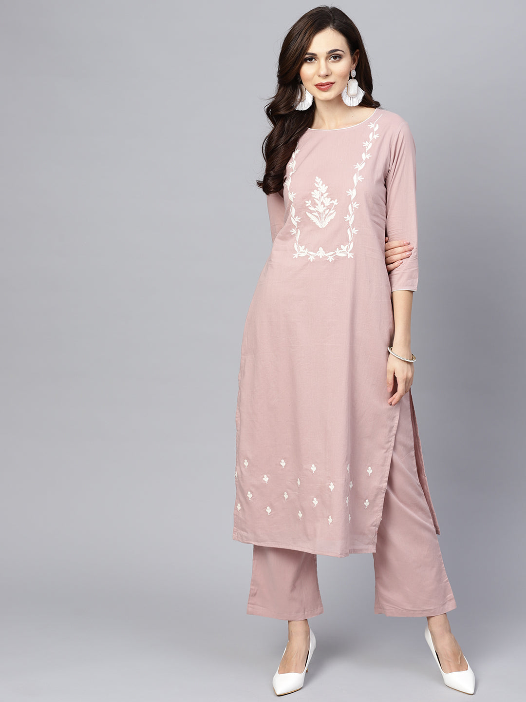 Ishin Women's Cotton Taupe Embroidered A-Line Kurta Palazzo Set