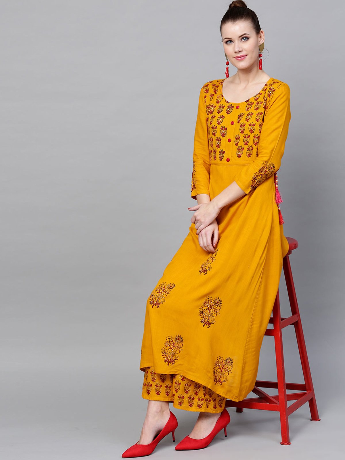 Ishin Women's Rayon Mustard Yellow Embellished Anarkali Kurta Palazzo Set