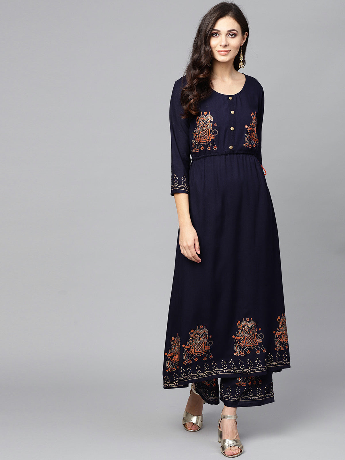 Ishin Women's Navy Blue Viscose Rayon Printed Anarkali Kurta Palazzo Set