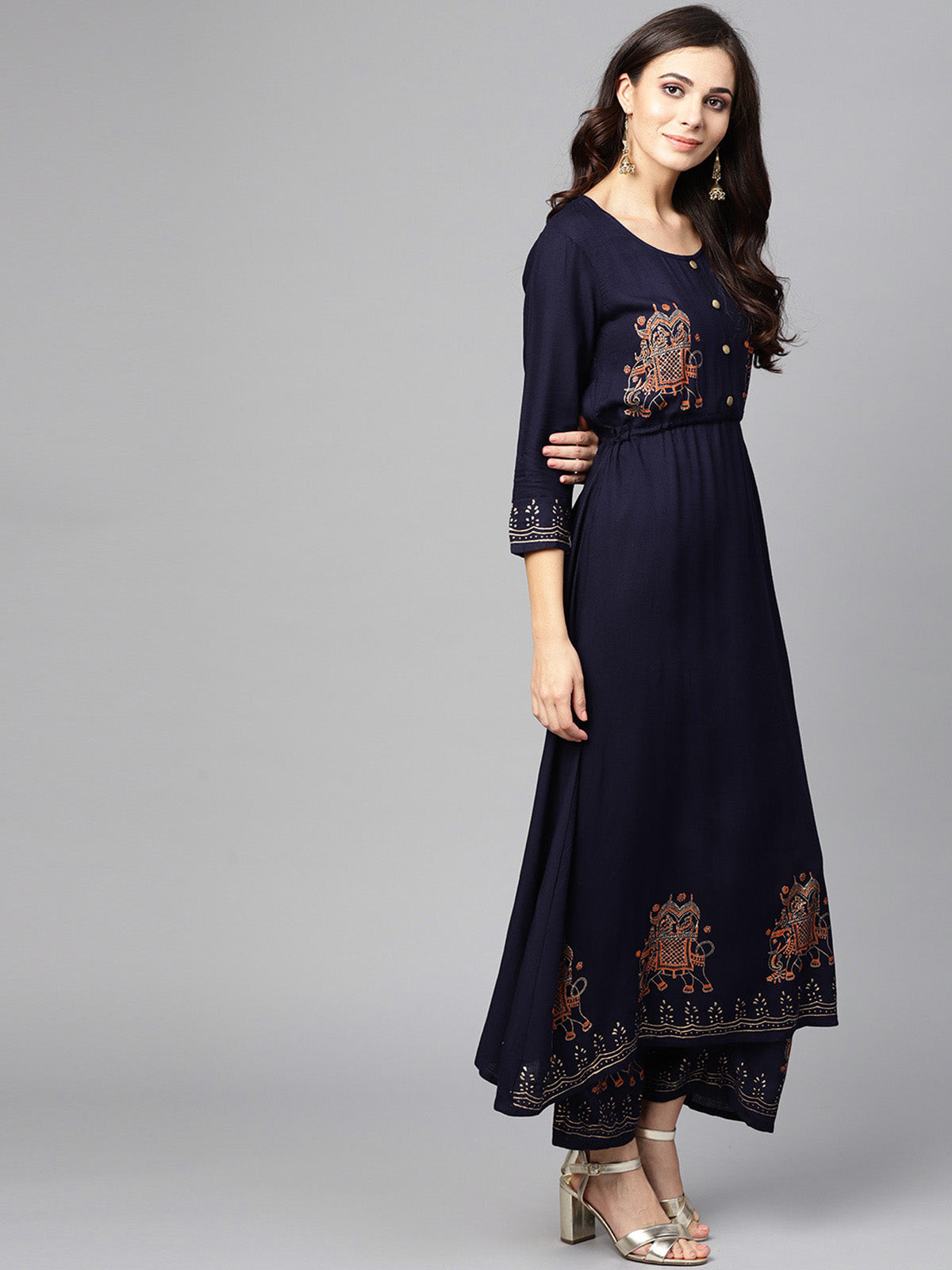 Ishin Women's Navy Blue Viscose Rayon Printed Anarkali Kurta Palazzo Set