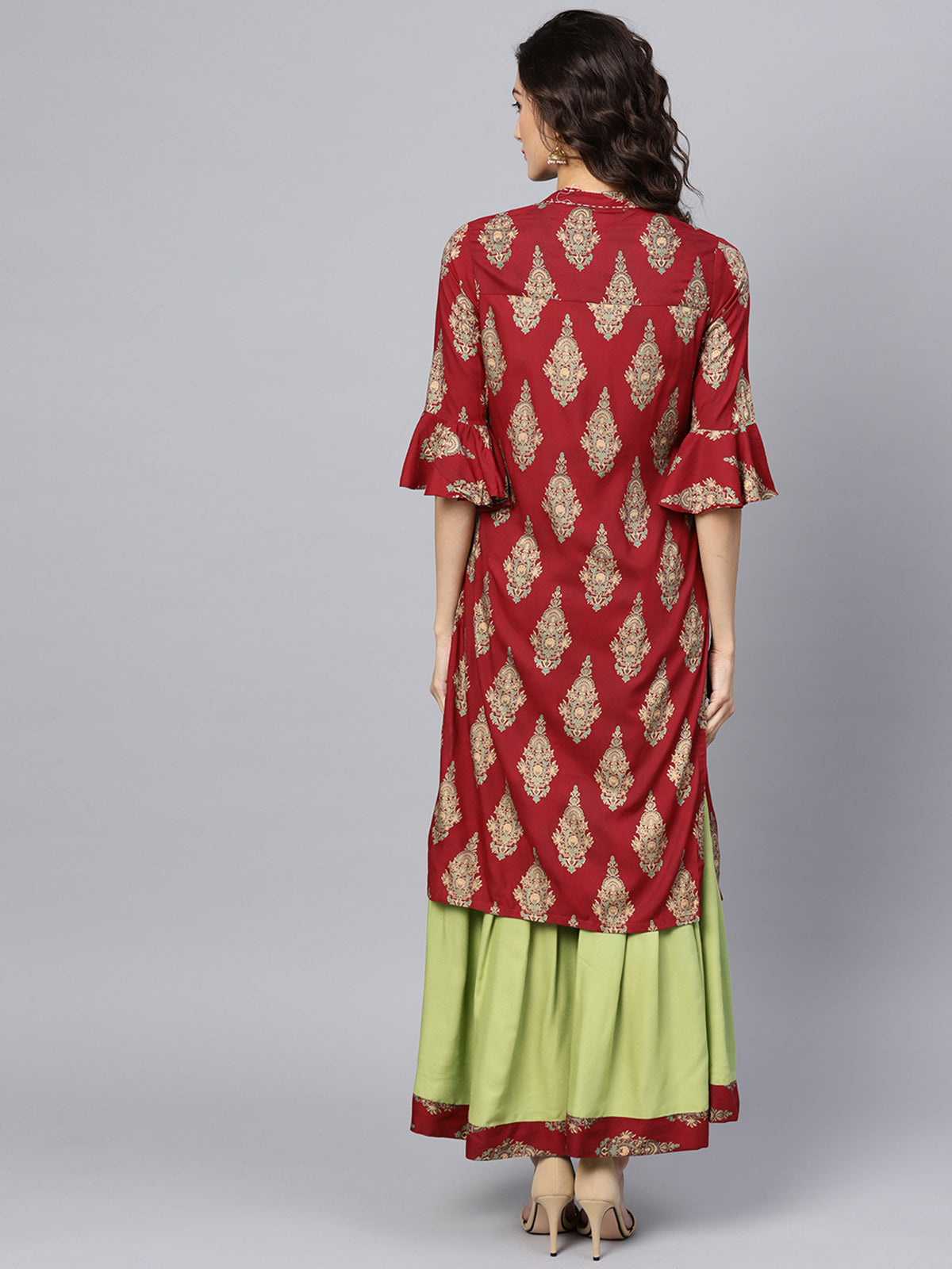 Ishin Women's Rayon Maroon & Green Embroidered A-Line Kurta Sharara Set