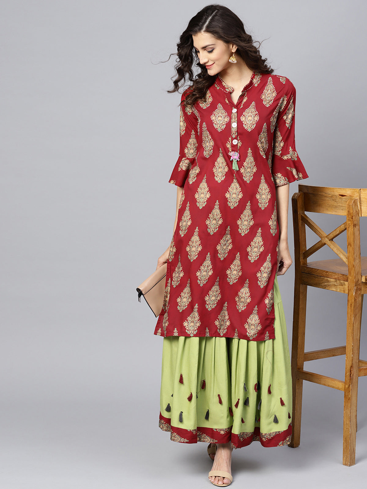 Ishin Women's Rayon Maroon & Green Embroidered A-Line Kurta Sharara Set