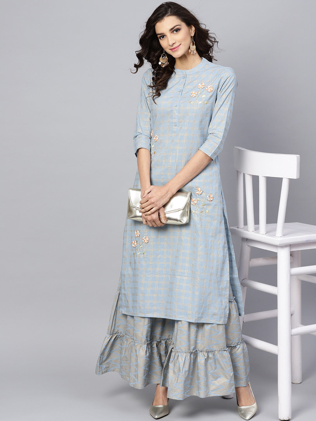 Ishin Women's Cotton Light Blue Embroidered A-Line Kurta Sharara Set