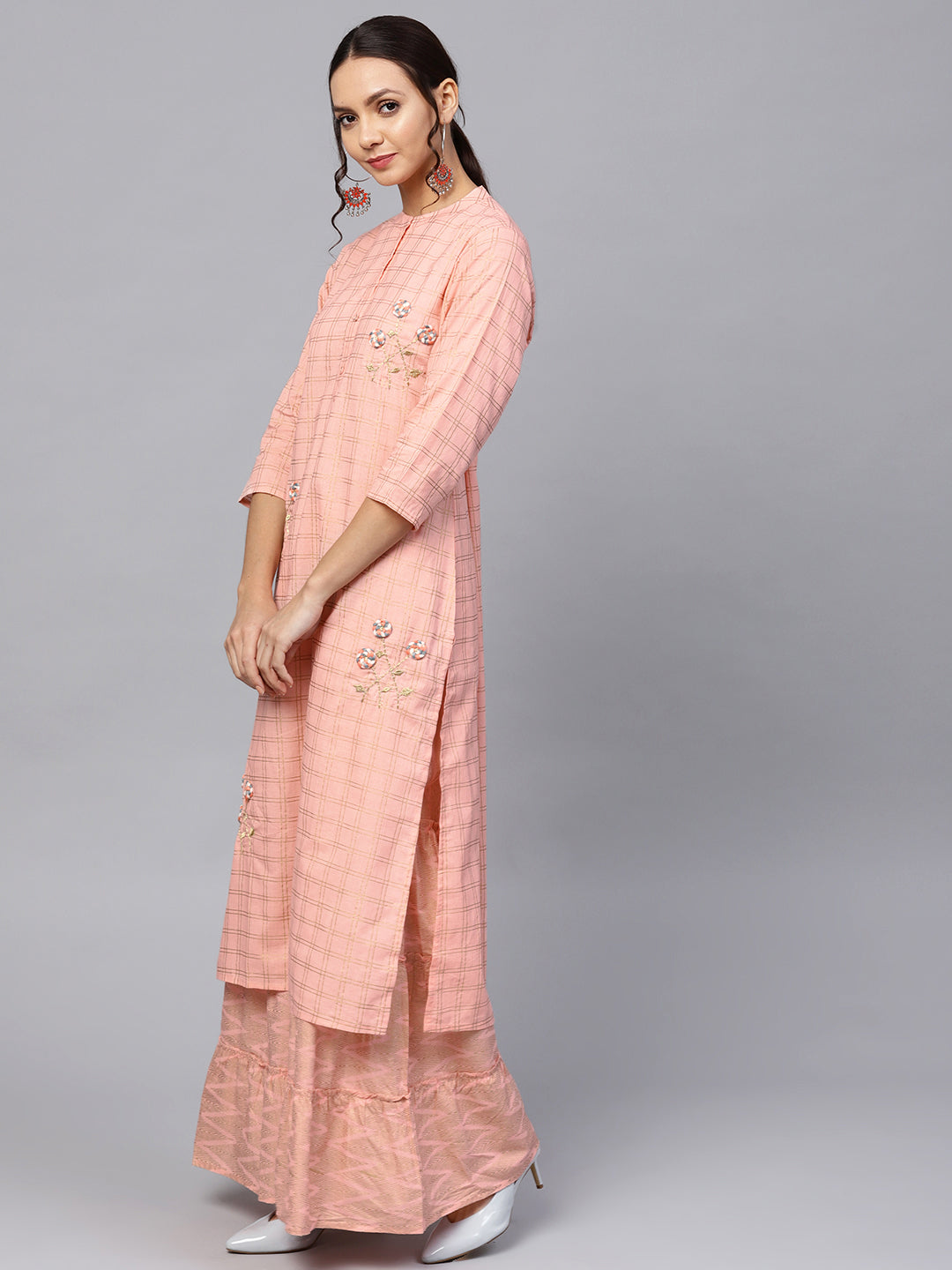 Ishin Women's Cotton Peach Embroidered A Line Kurta Sharara Set