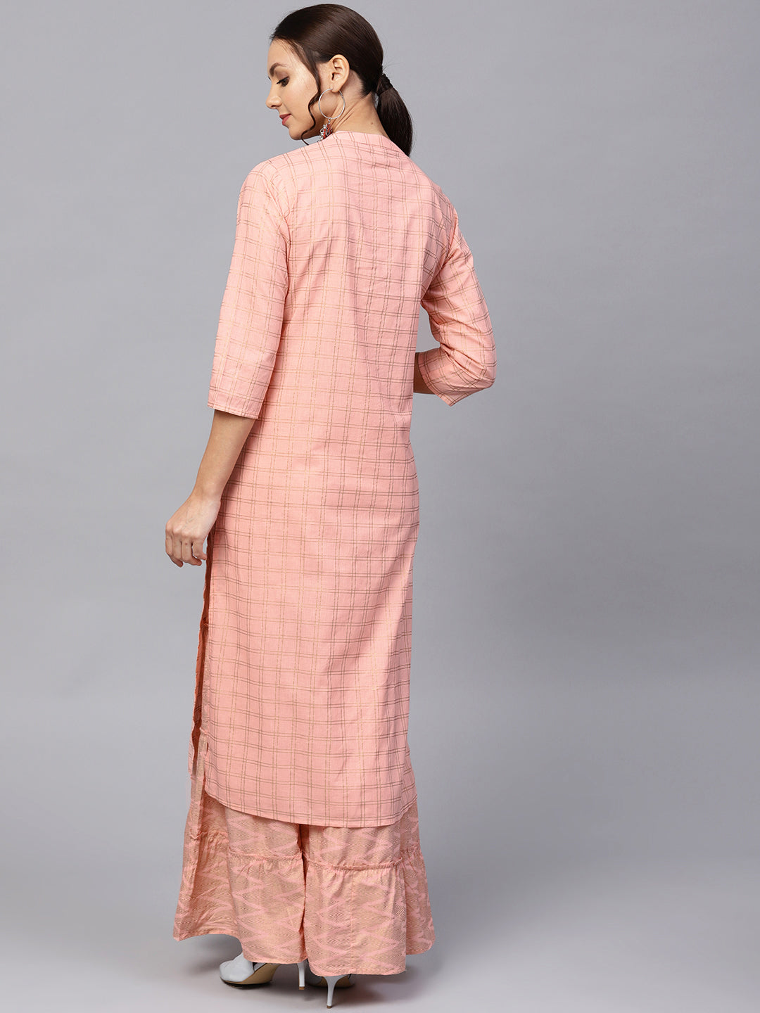 Ishin Women's Cotton Peach Embroidered A Line Kurta Sharara Set