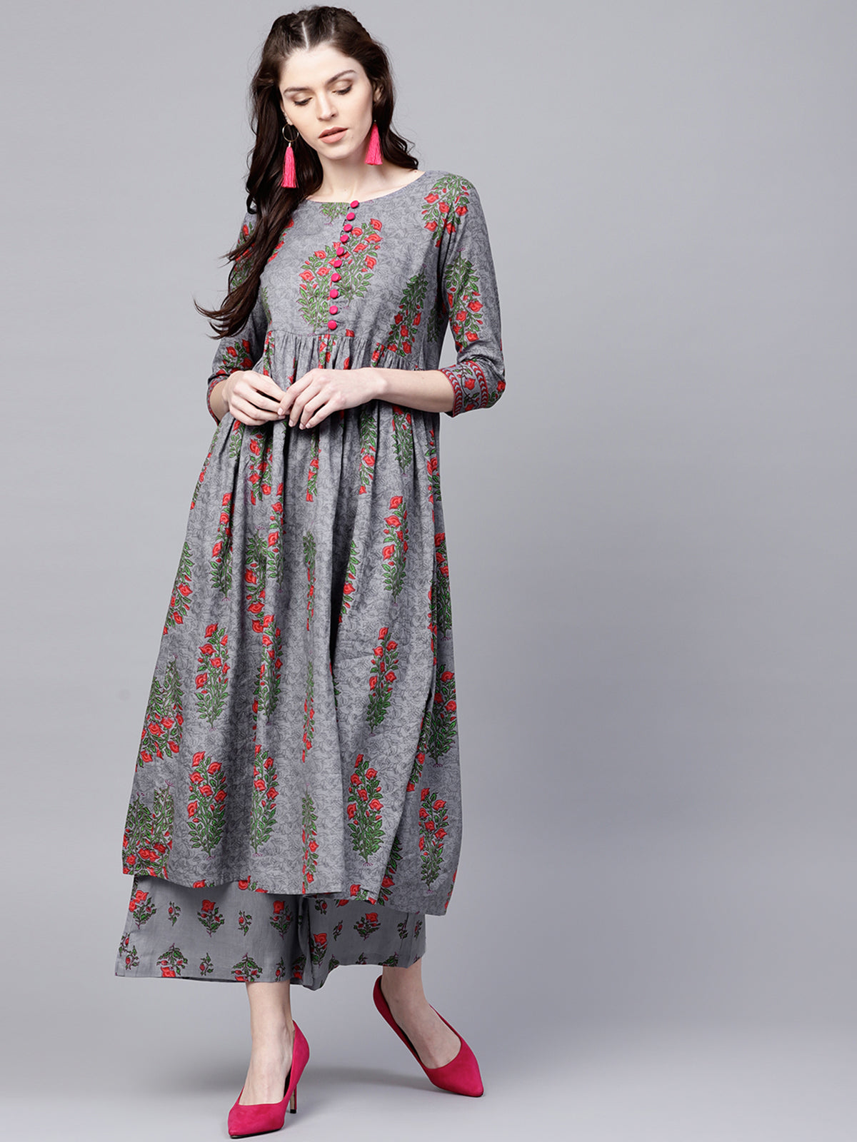 Ishin Women's Rayon Grey Printed Anarkali Kurta Palazzo Set