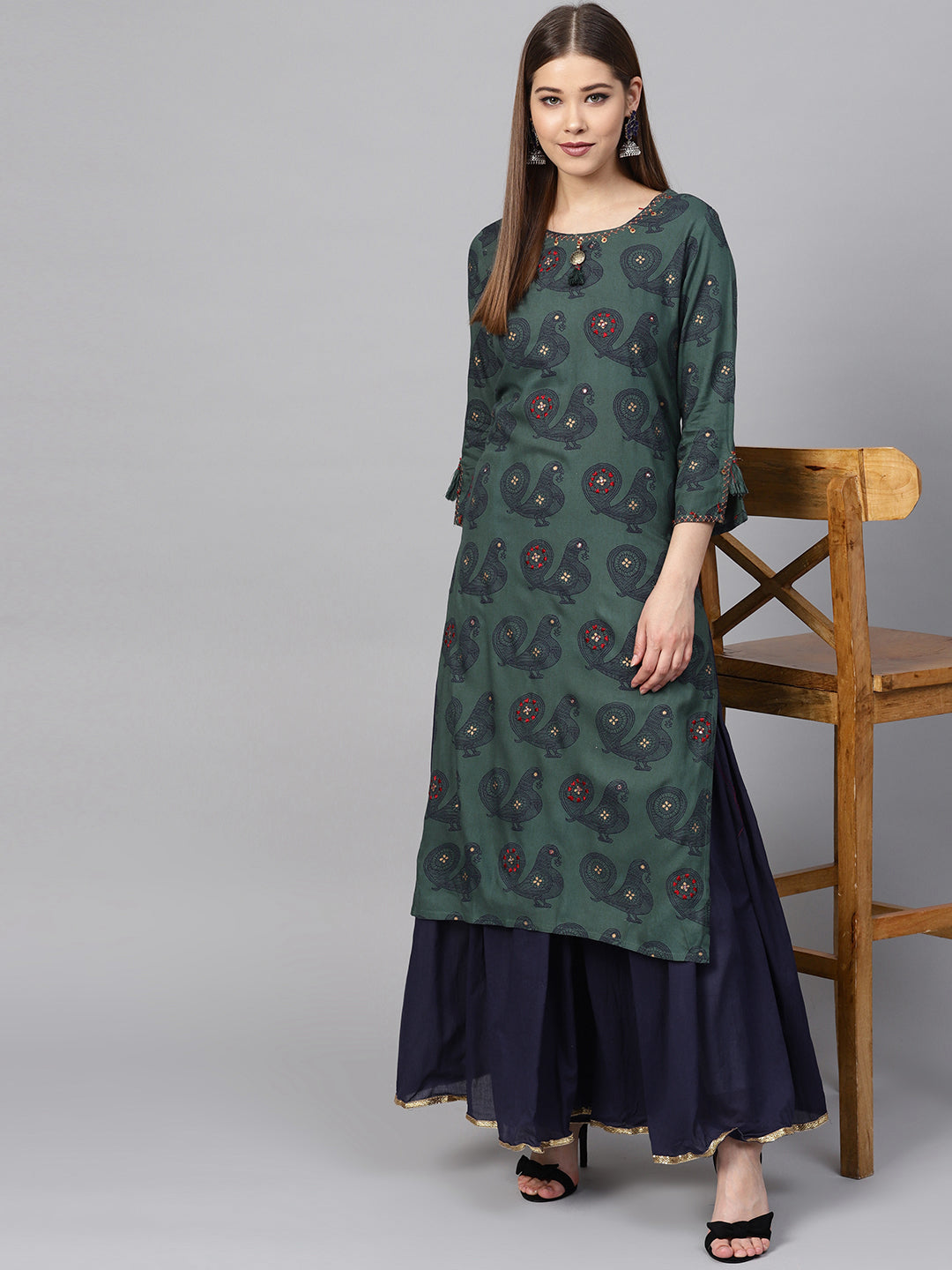 Ishin Women's Rayon Turquoise Blue & Navy Blue Embroidered A-Line Kurta Sharara Set