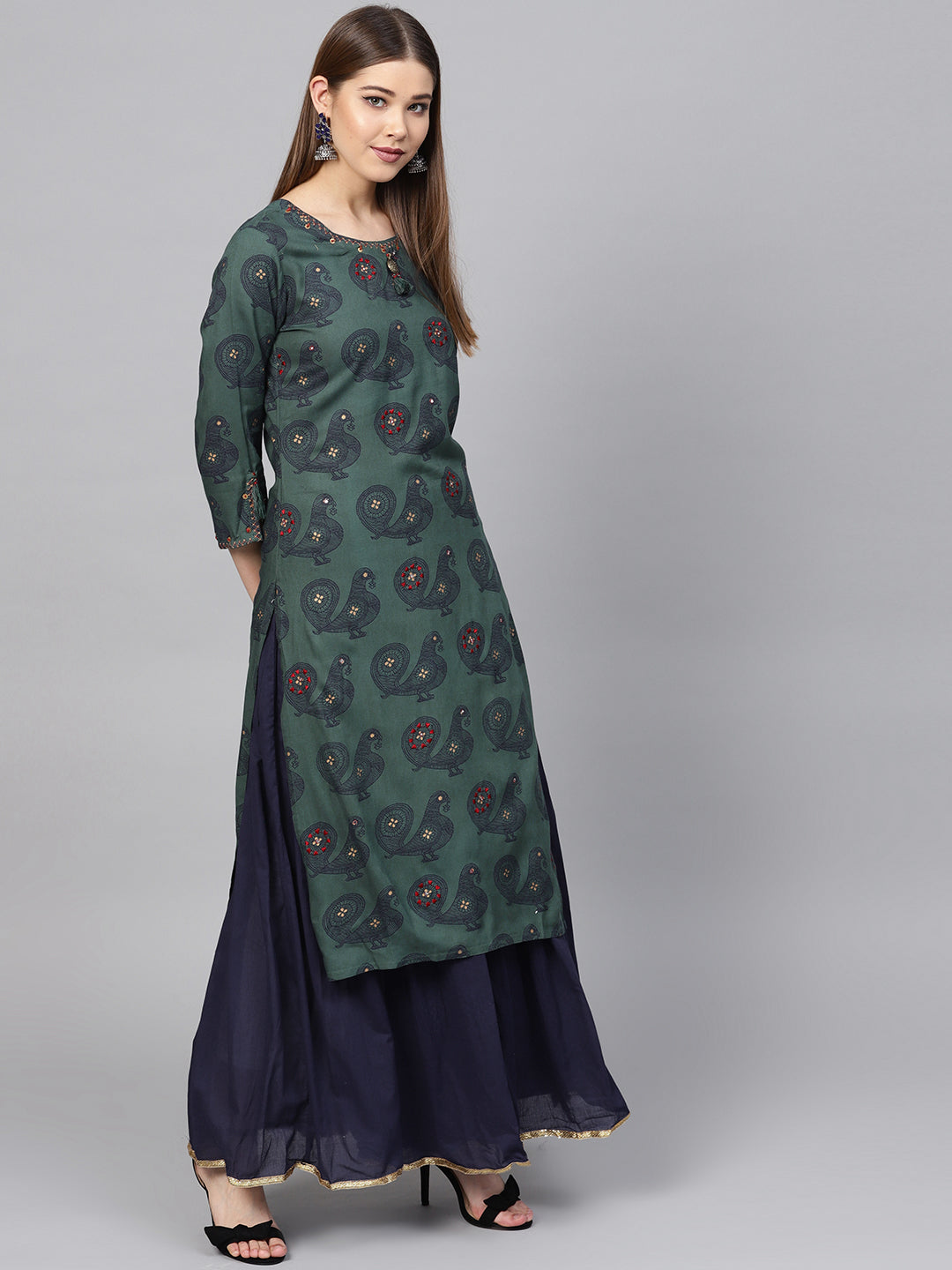 Ishin Women's Rayon Turquoise Blue & Navy Blue Embroidered A-Line Kurta Sharara Set