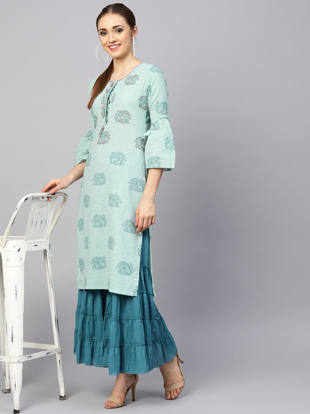 Ishin Women's Cotton Blue Embroidered A-Line Kurta Sharara Set