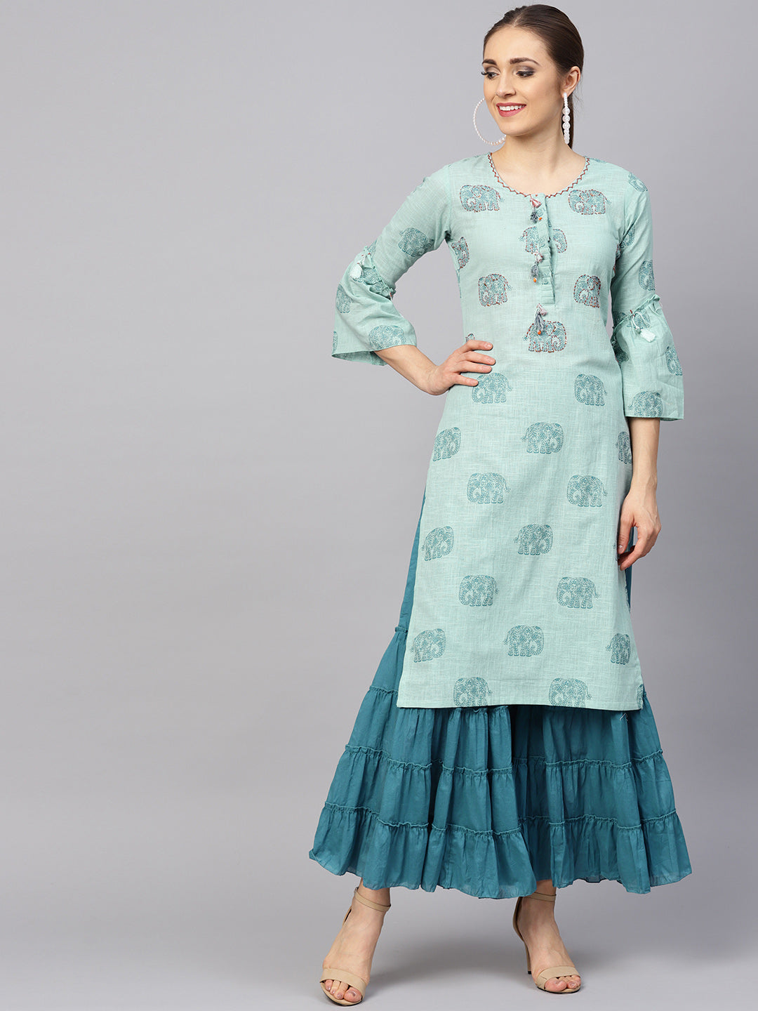 Ishin Women's Cotton Blue Embroidered A-Line Kurta Sharara Set