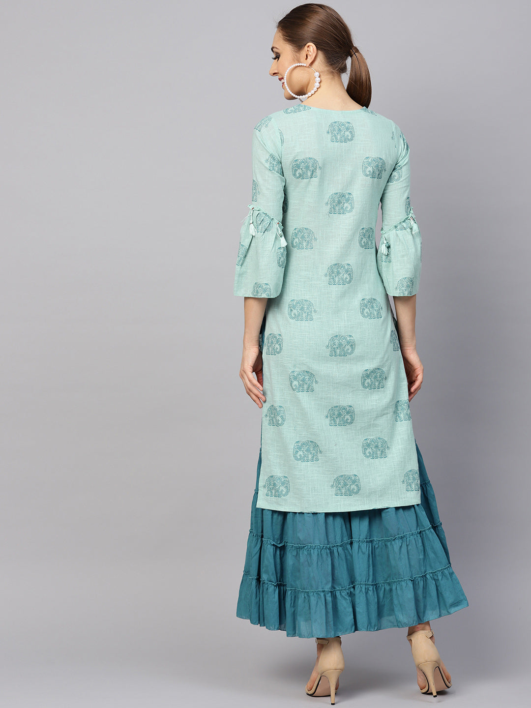 Ishin Women's Cotton Blue Embroidered A-Line Kurta Sharara Set