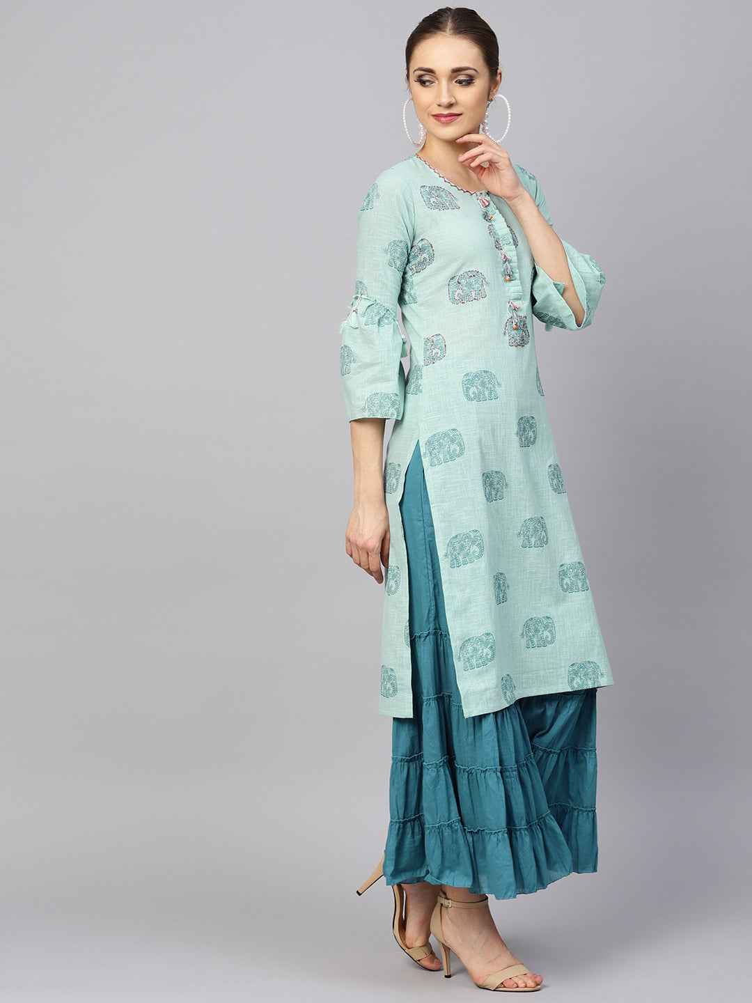 Ishin Women's Cotton Blue Embroidered A-Line Kurta Sharara Set