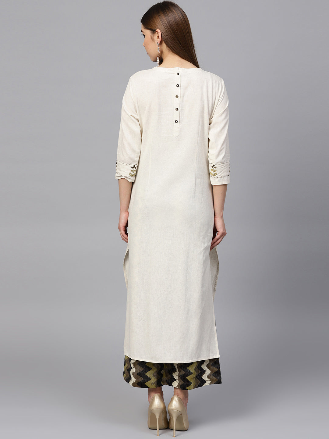 Ishin Women's Cotton Off White & Green Embroidered A-Line Kurta Palazzo Set