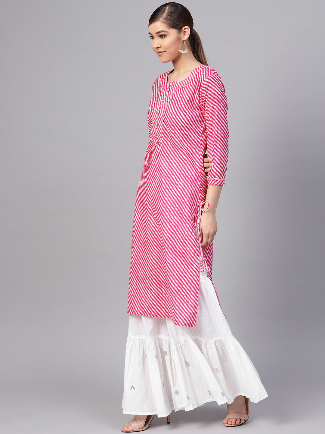 Ishin Women's Cotton Pink & White Printed With Gota Patti A-Line Kurta Sharara Set