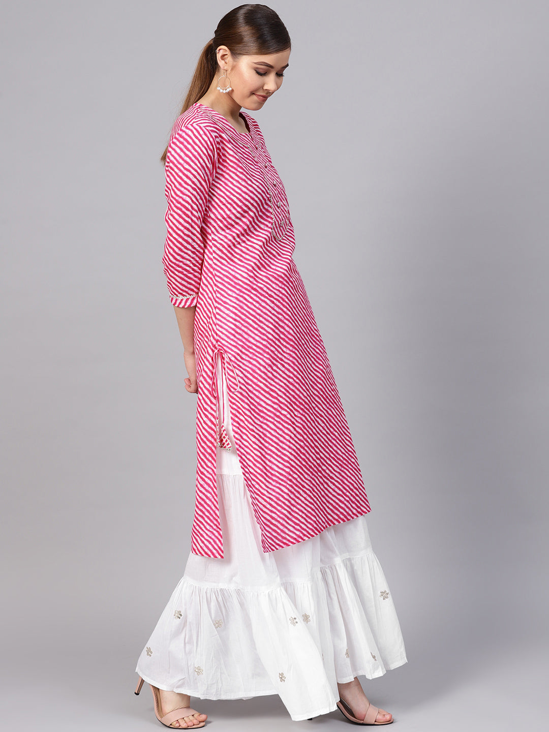 Ishin Women's Cotton Pink & White Printed With Gota Patti A-Line Kurta Sharara Set