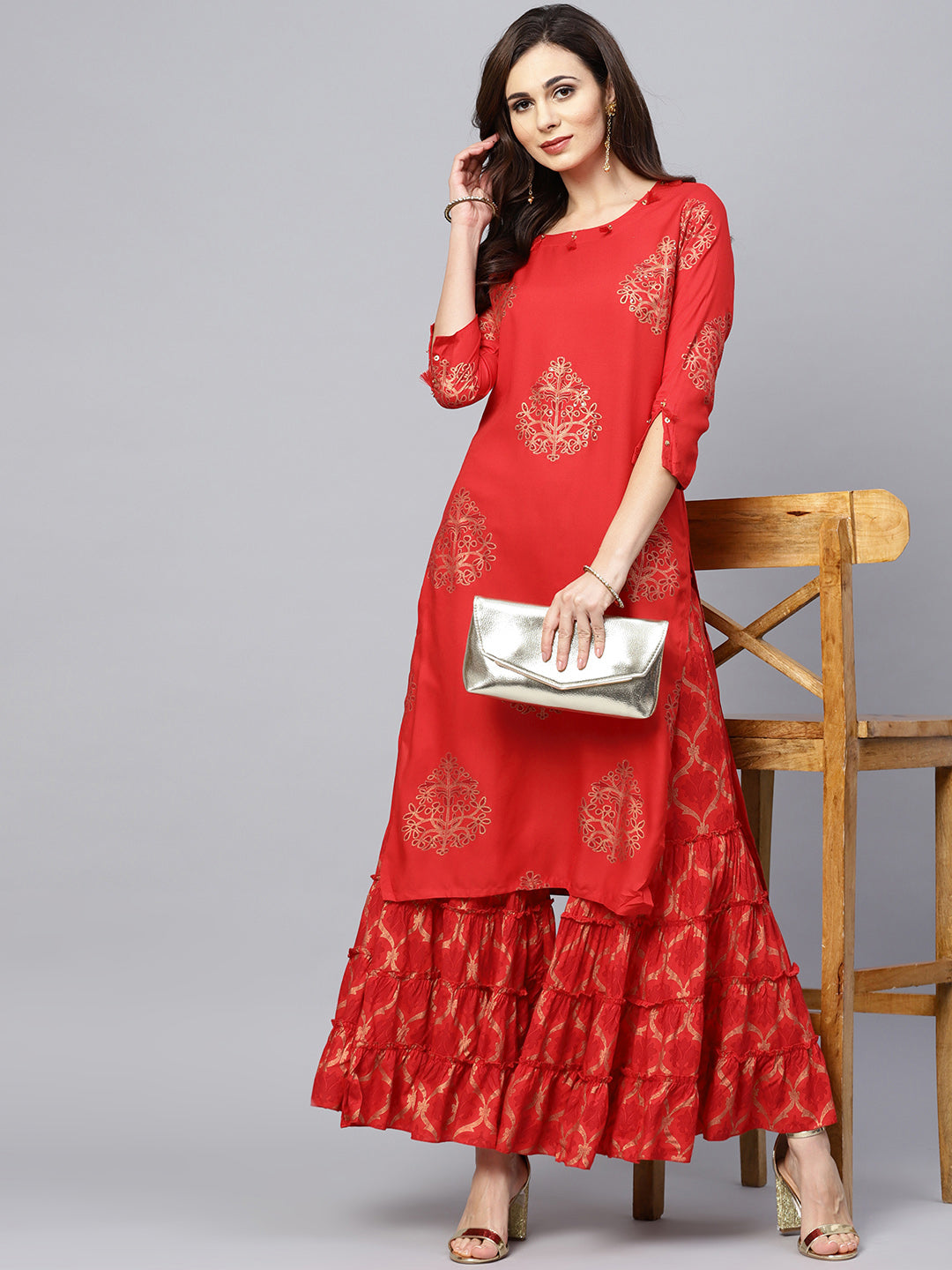 Red Sequin Work A-Line Kurta Set