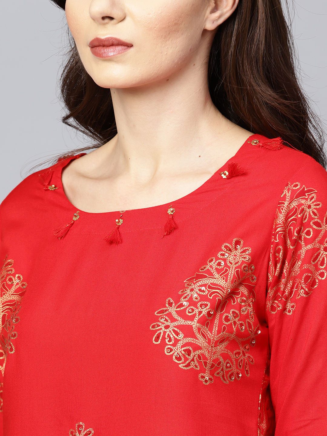 Red Sequin Work A-Line Kurta Set