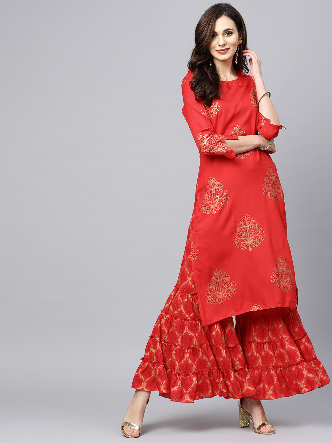 Red Sequin Work A-Line Kurta Set