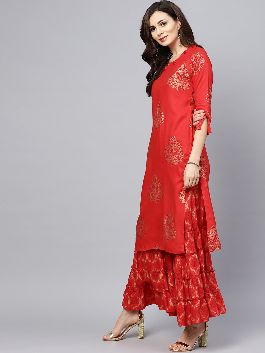 Red Sequin Work A-Line Kurta Set