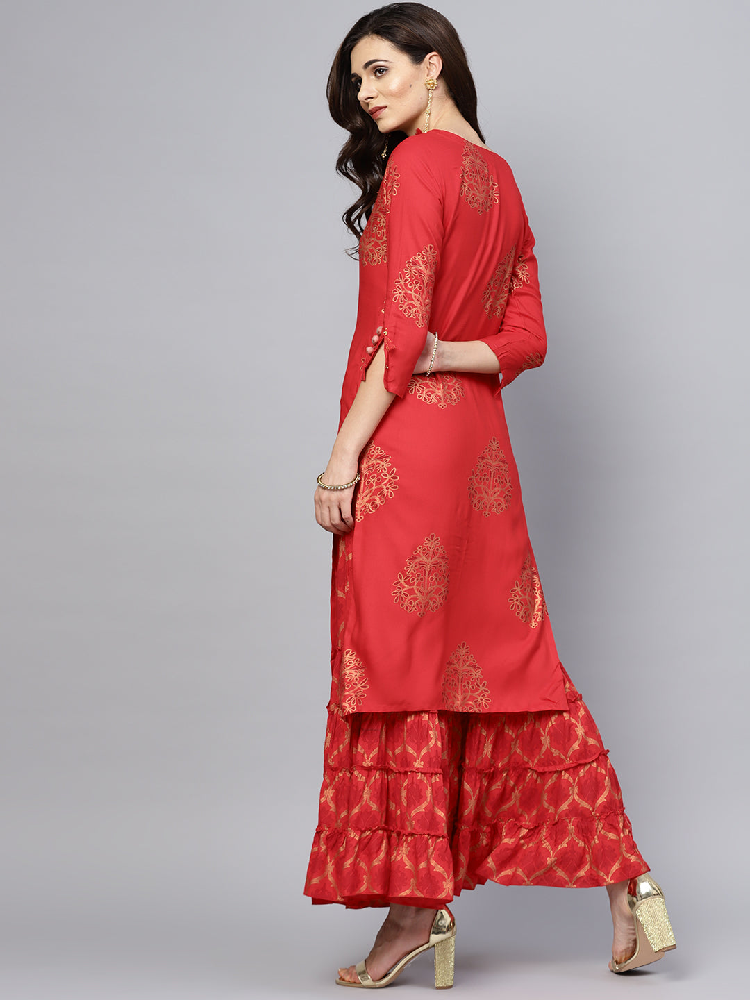 Red Sequin Work A-Line Kurta Set