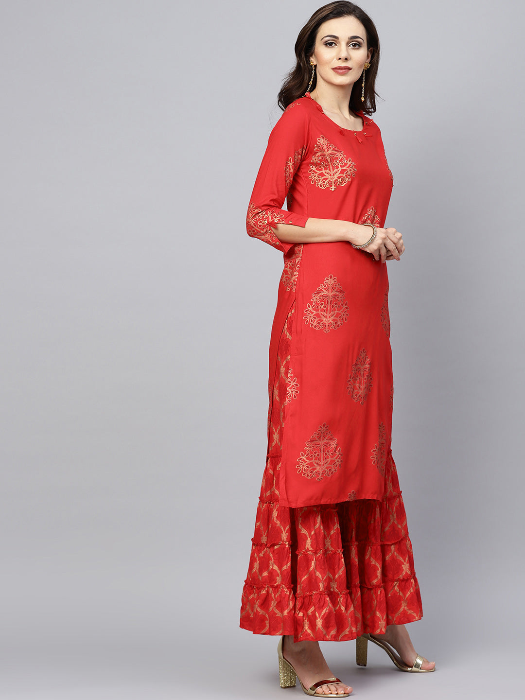 Red Sequin Work A-Line Kurta Set