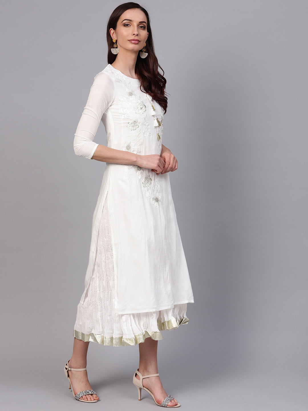 Ishin Women's Cotton White Embroidered Anarkali Dress