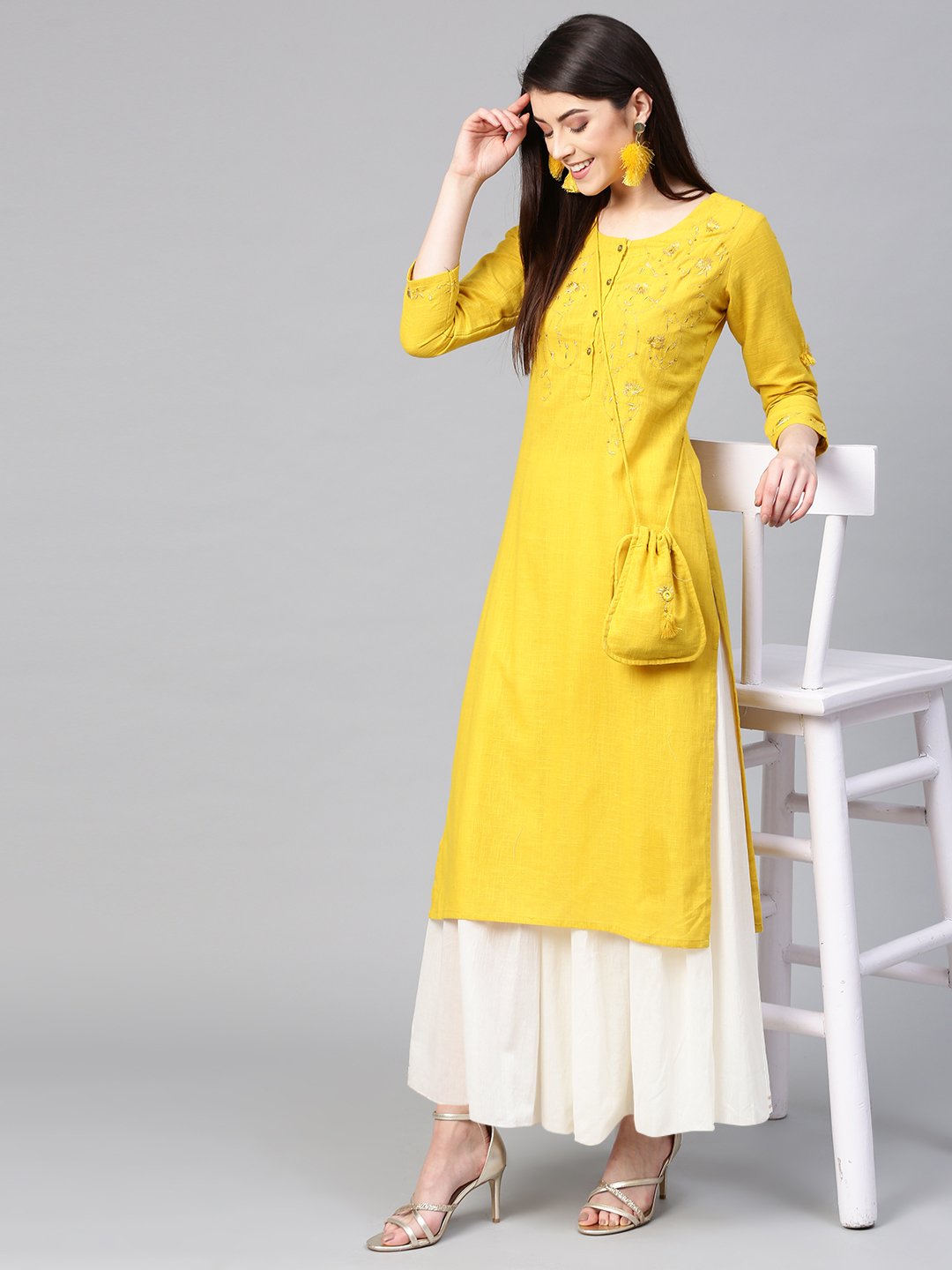 Ishin Women's Cotton Mustard Yellow Embroidered A-Line Kurta