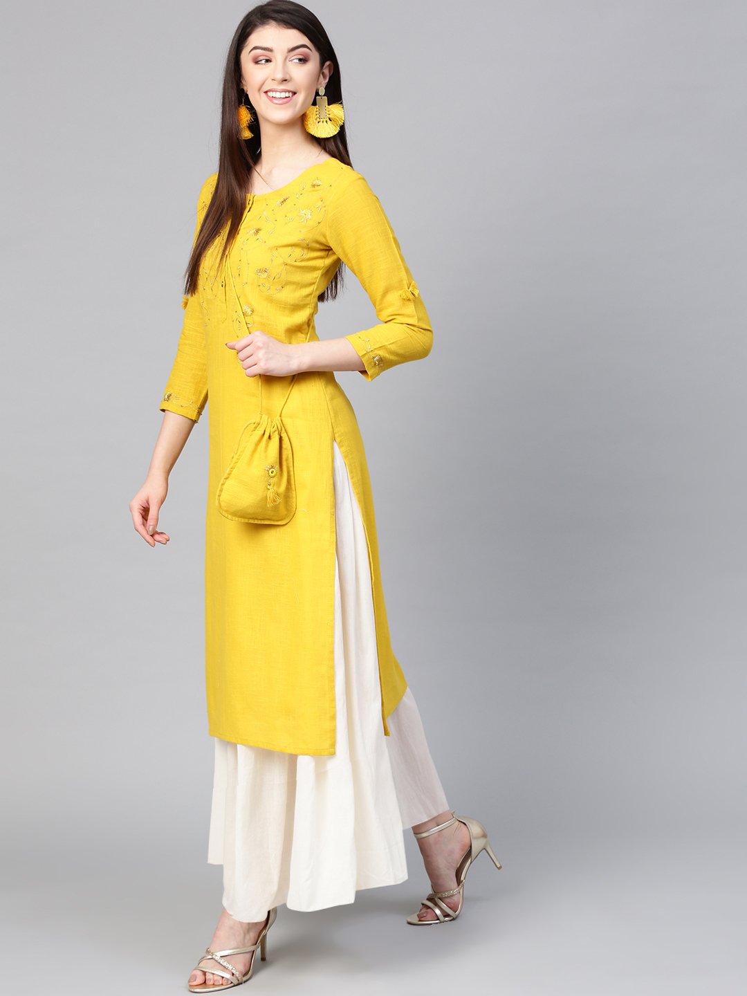 Ishin Women's Cotton Mustard Yellow Embroidered A-Line Kurta