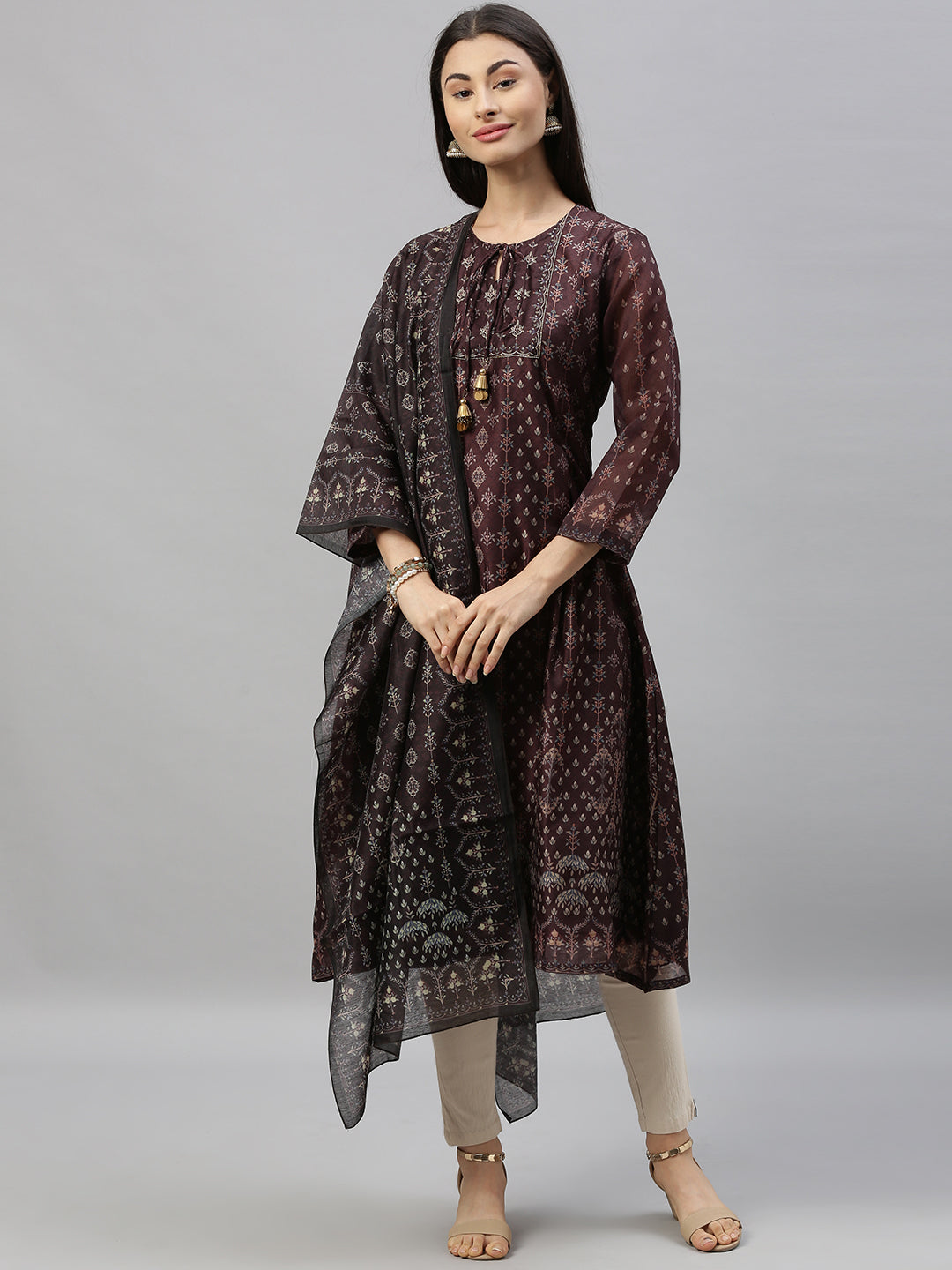 Ishin Women's Brown Embellished A-Line Kurta With Dupatta