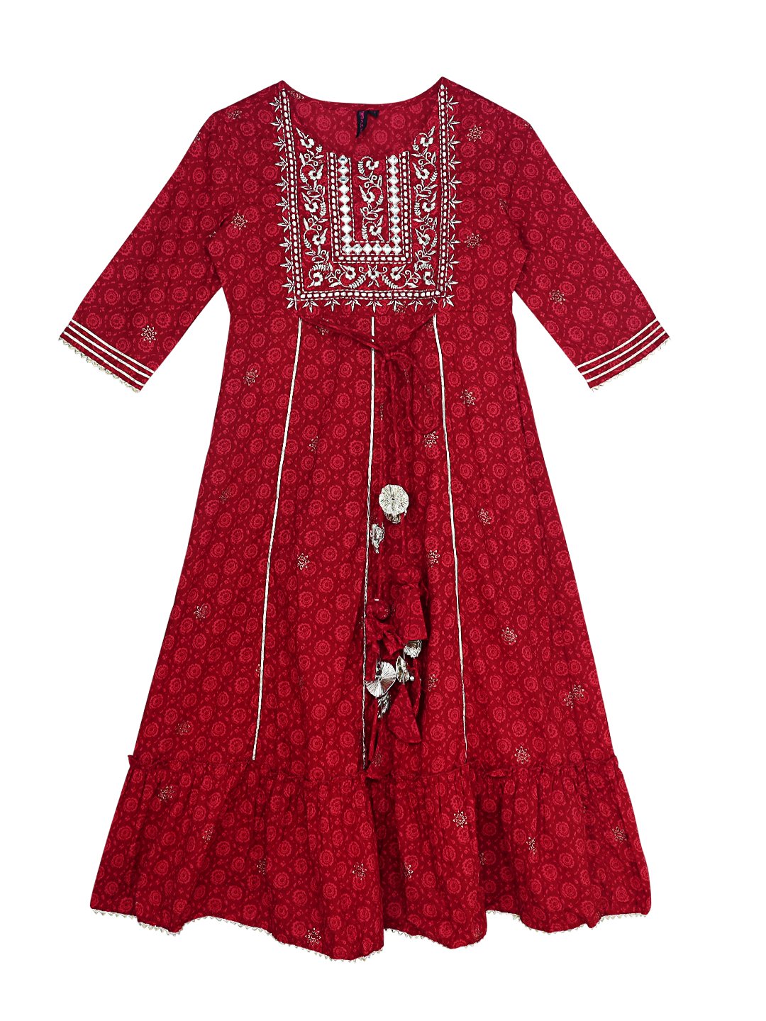 Ishin Girls Maroon Embroidered Tiered Dress