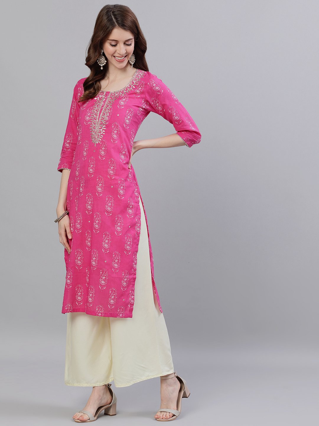 Ishin Women's Cotton Pink Gota Patti Embellished A-Line Kurta