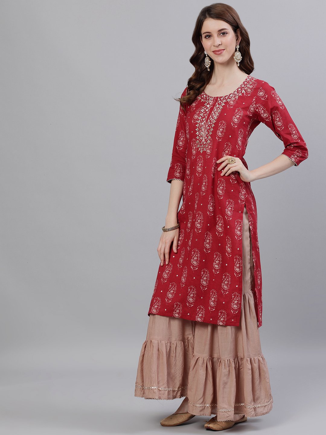 Ishin Women's Cotton Red Gota Patti Embellished A-Line Kurta