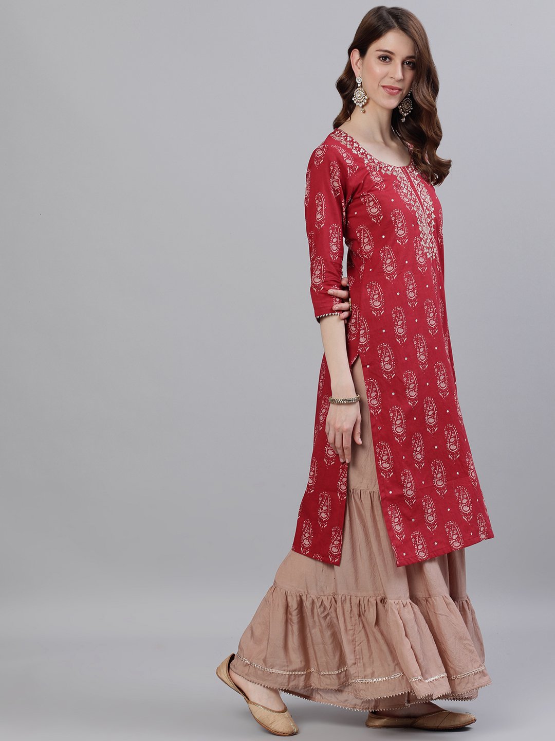 Ishin Women's Cotton Red Gota Patti Embellished A-Line Kurta