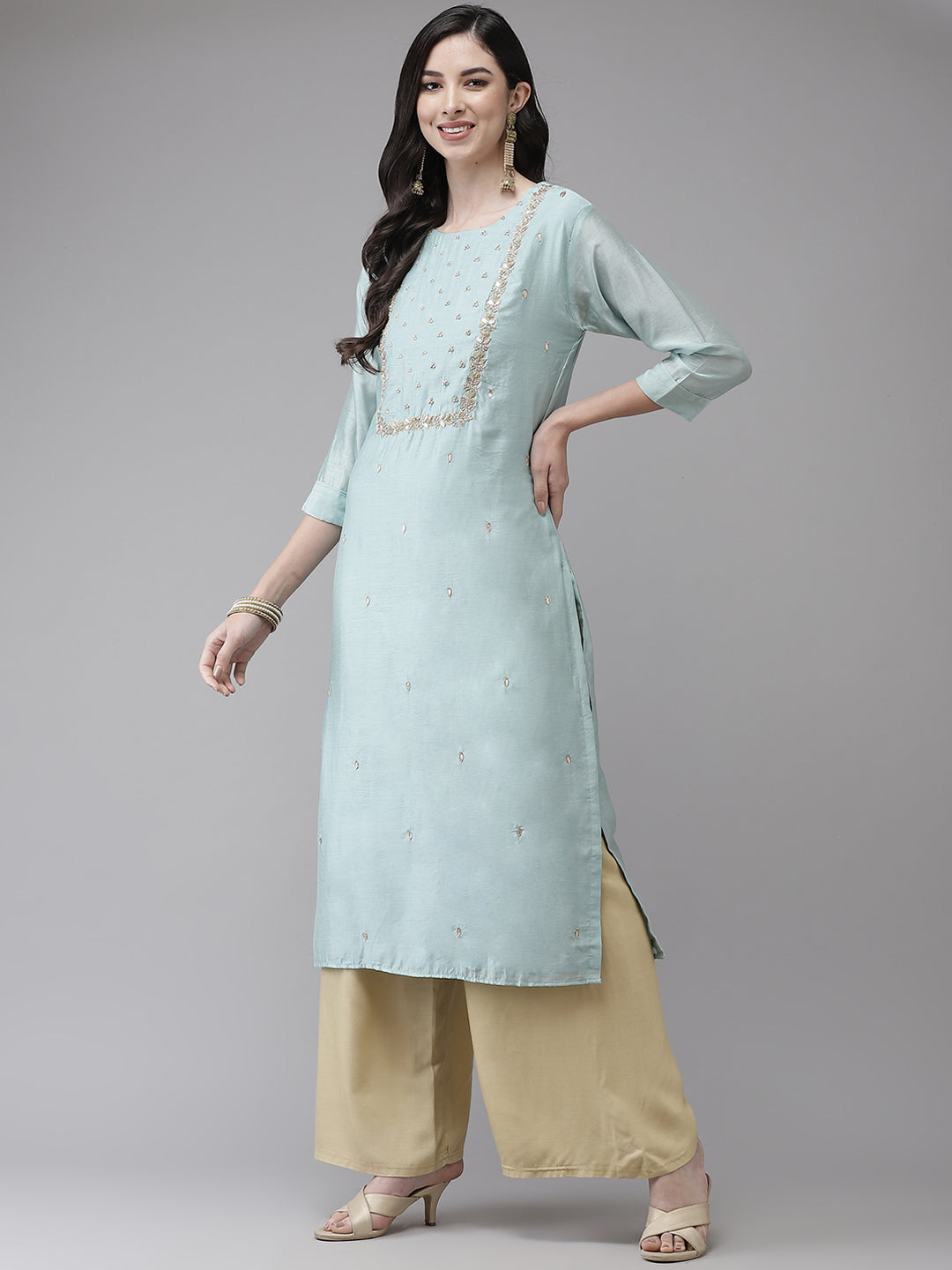 Ishin Women's Cotton Silk Sea Green Embroidered A-Line Kurta With Dupatta