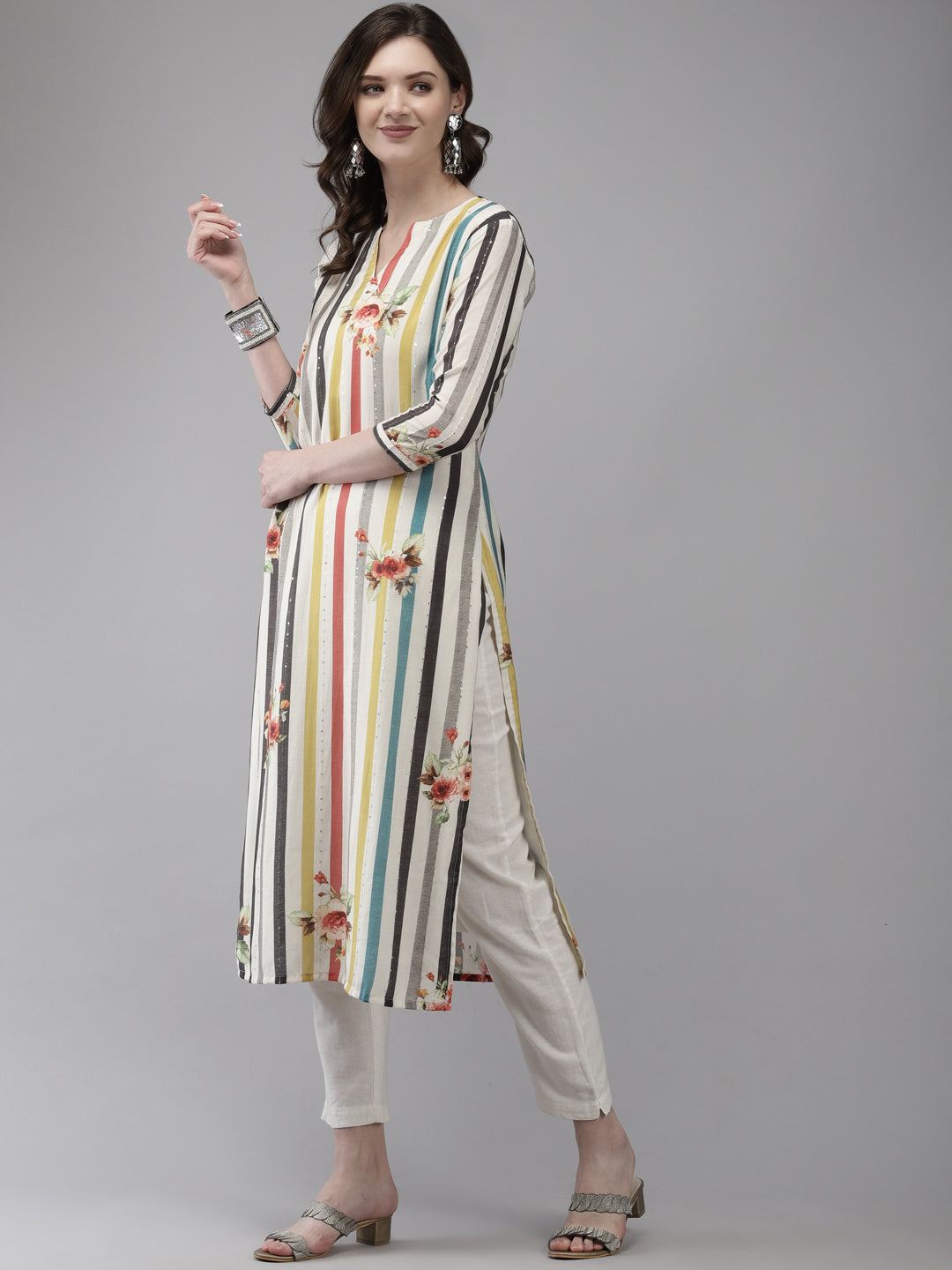 Ishin Women's Silk Blend Off White Embellished A-Line Kurta With Dupatta