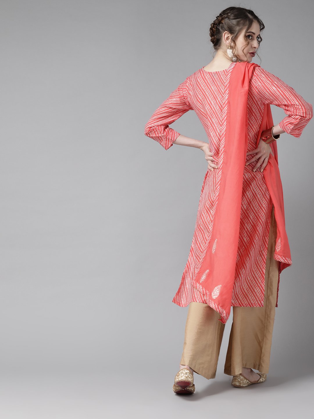 Ishin Women's Pink Embroidered A-Line Kurta With Dupatta