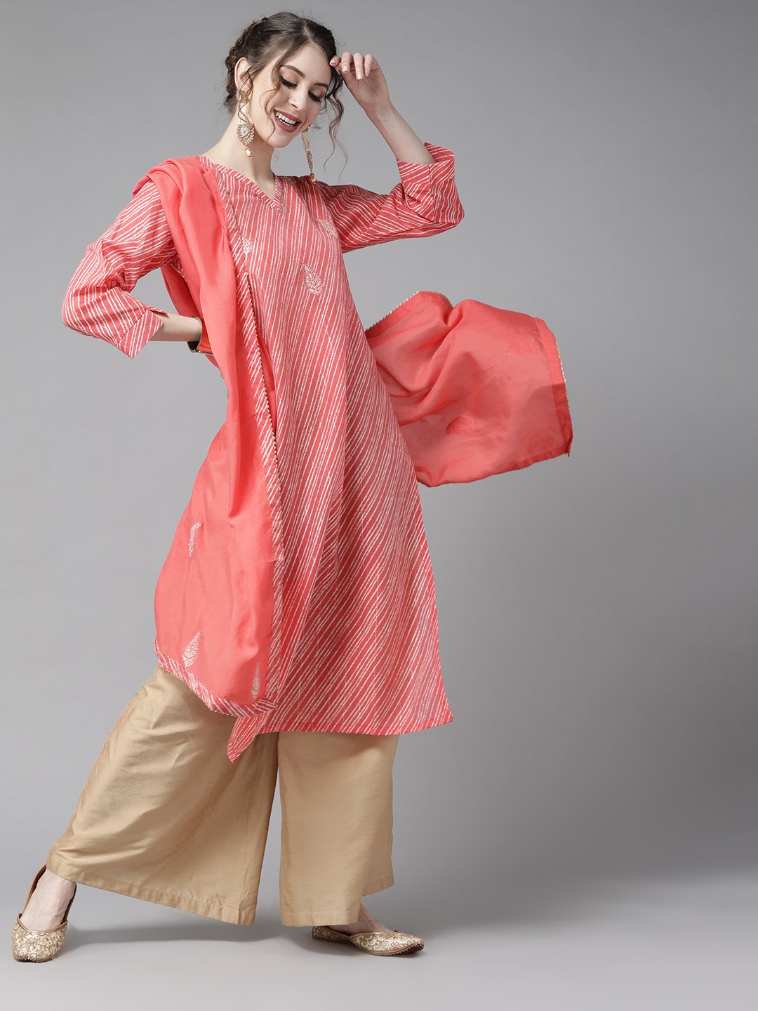 Ishin Women's Pink Embroidered A-Line Kurta With Dupatta