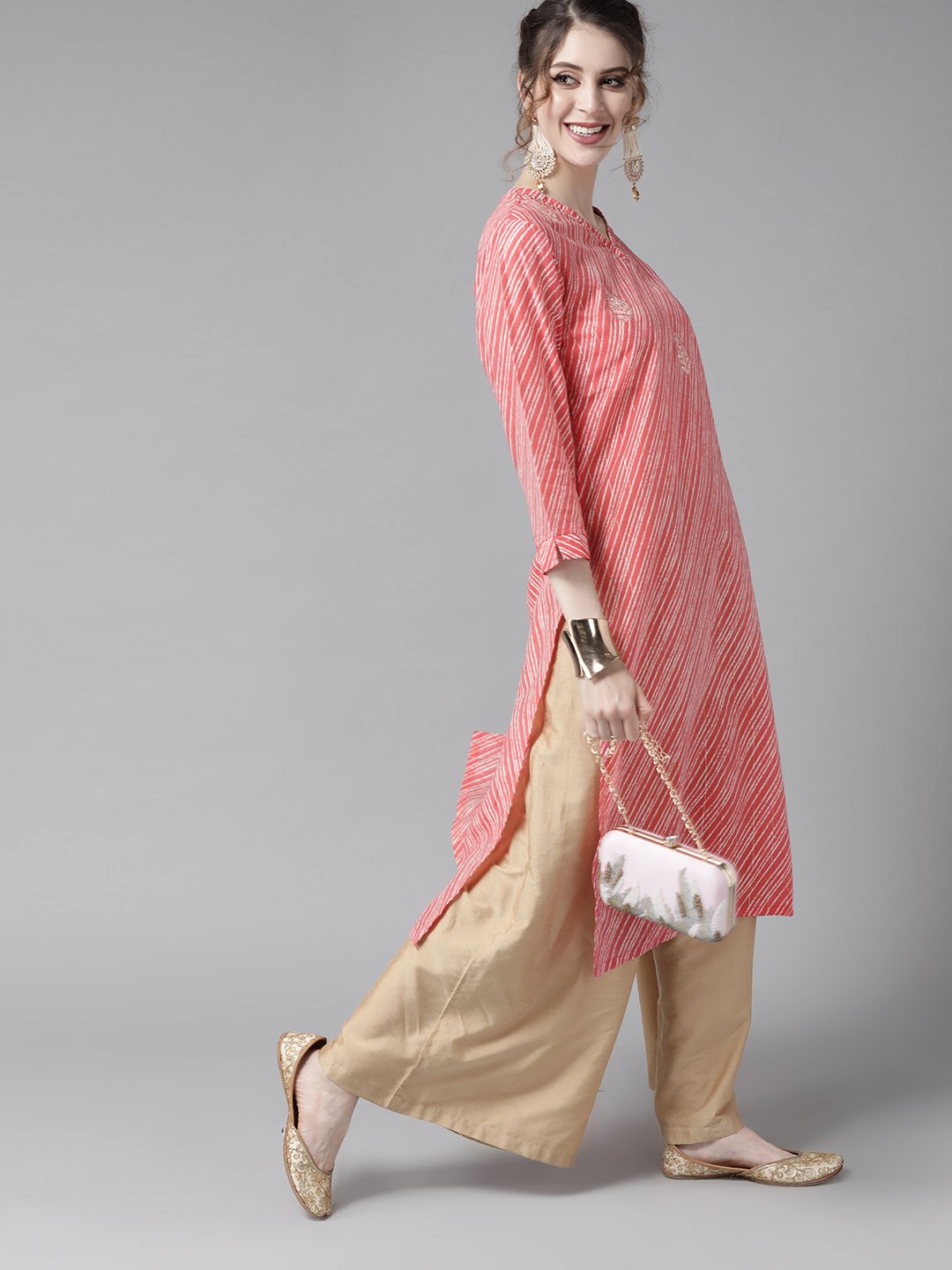 Ishin Women's Pink Embroidered A-Line Kurta With Dupatta